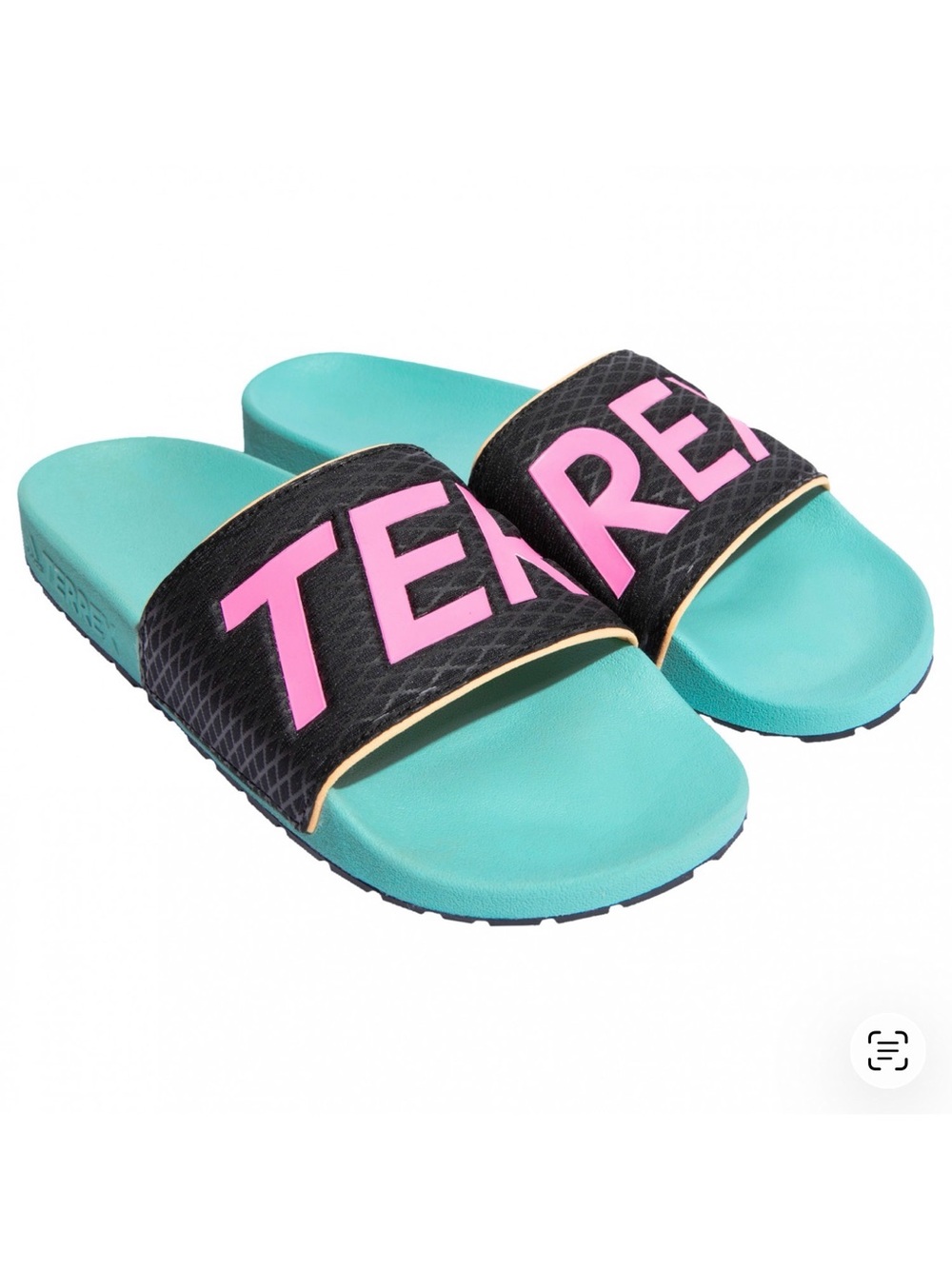 Adidas Teal Slide Sandals with Pink Logo on Black Strap